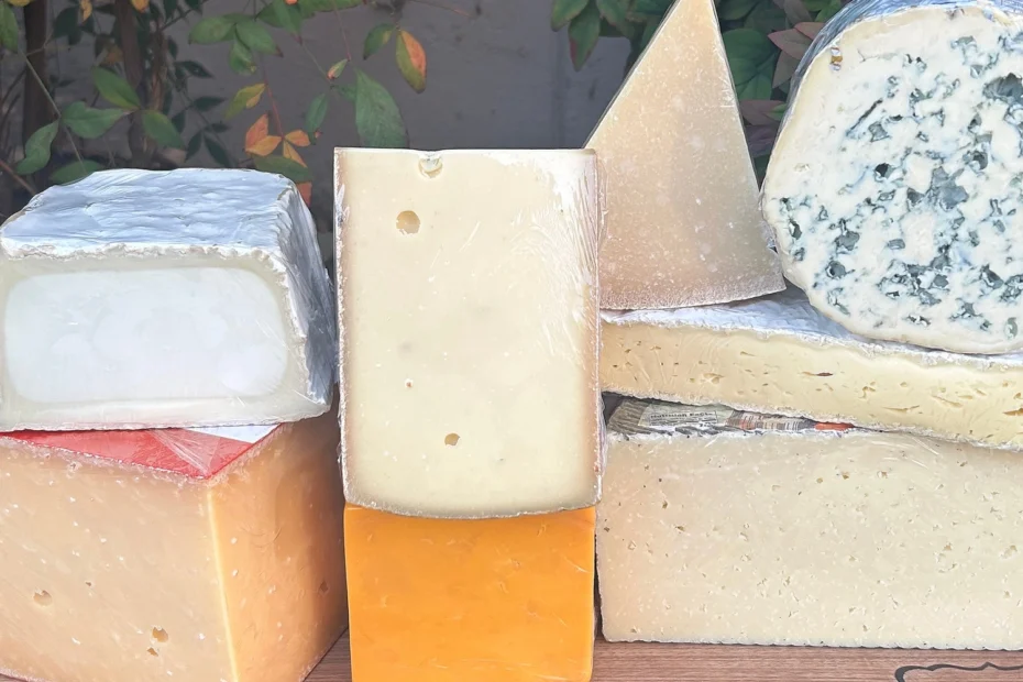 a stack of 8 cheeses